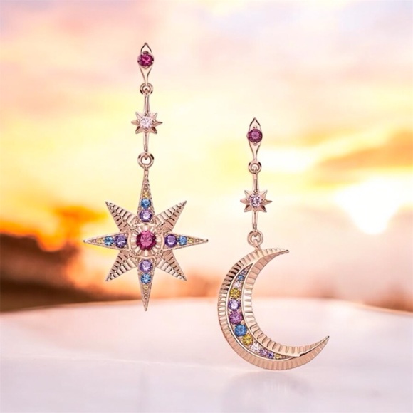 NWOT crescent moon and star dangle earrings, Sterling silver 18k rose gold plt - Picture 12 of 17